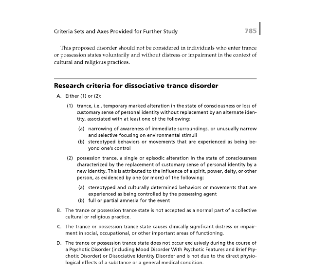 DSMIV DSM IV Research Criteria for dissociative trance disorder